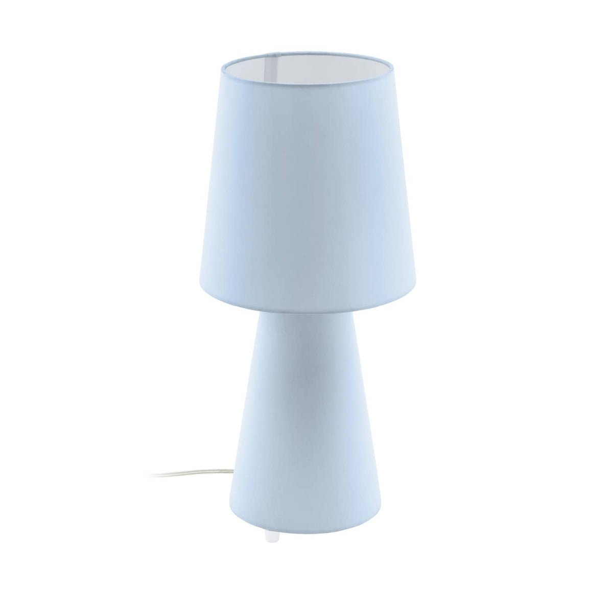Lampe à poser bleu clair vue de face, câble électrique visible sur le côté