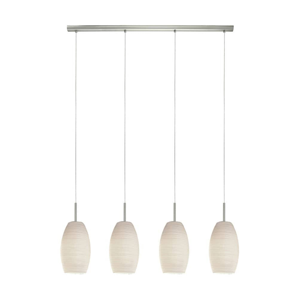 Vue de face de la suspension quatre lumières avec abat-jours ovales blancs et barre nickel