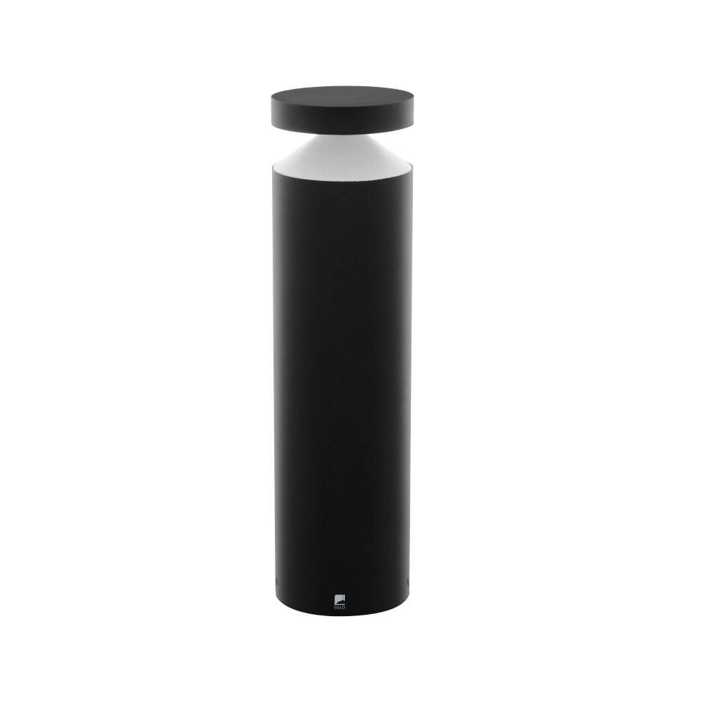 Lampadaire extérieur noir cylindrique vu de face sur fond blanc, éclairage sommital