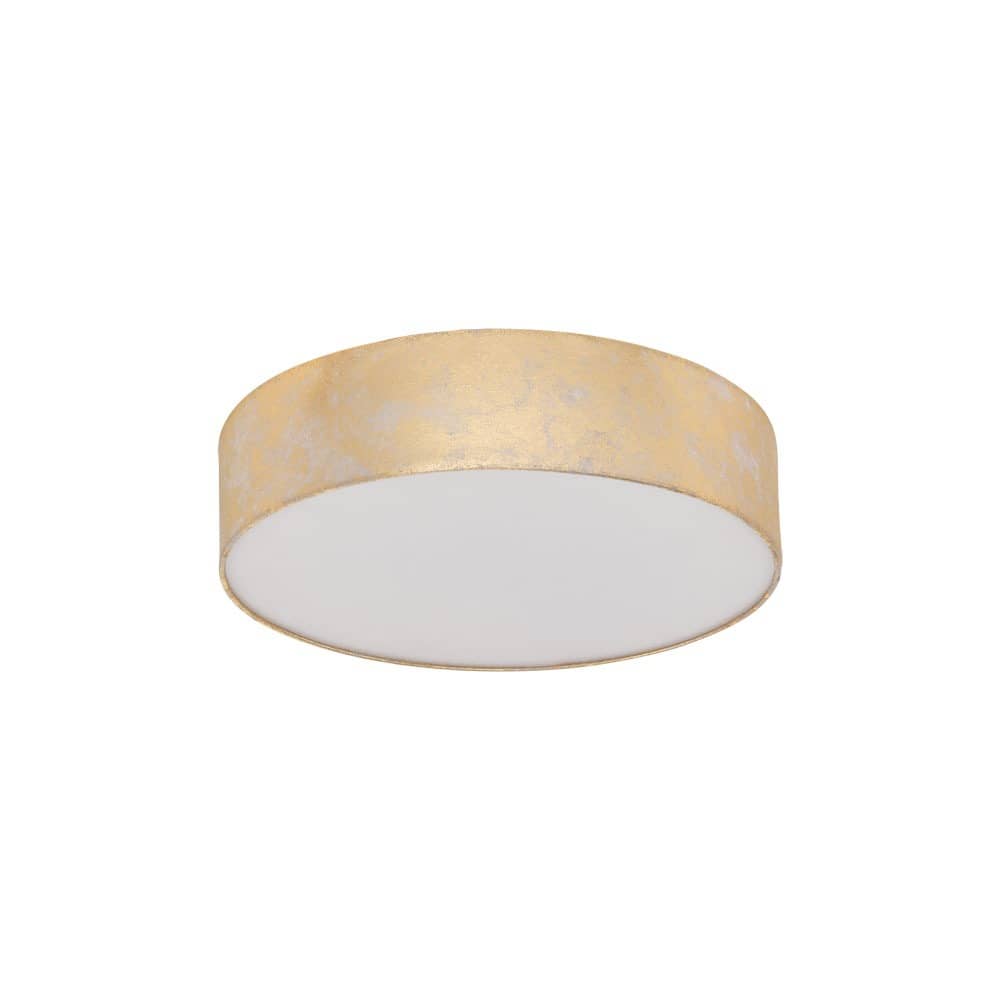 Plafonnier doré de face sur fond blanc, abat-jour cylindrique et diffuseur blanc translucide.
