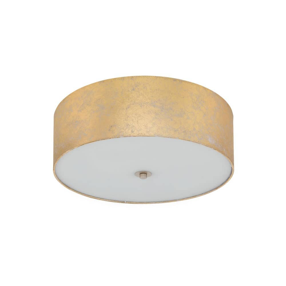 Plafonnier doré de forme cylindrique vu de trois quarts sur fond blanc