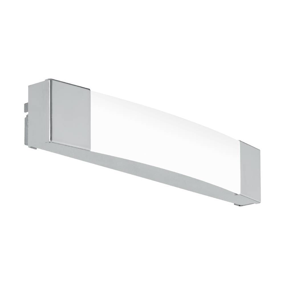 Applique murale chromée rectangulaire de face, diffuseur opale blanc et structure en métal poli