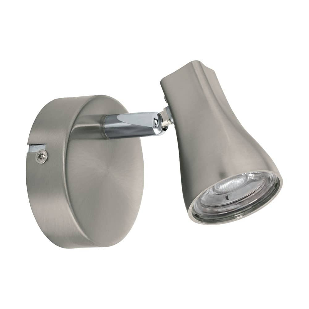 Vue de trois quarts du spot mural nickel satiné, orientable, sur fond blanc