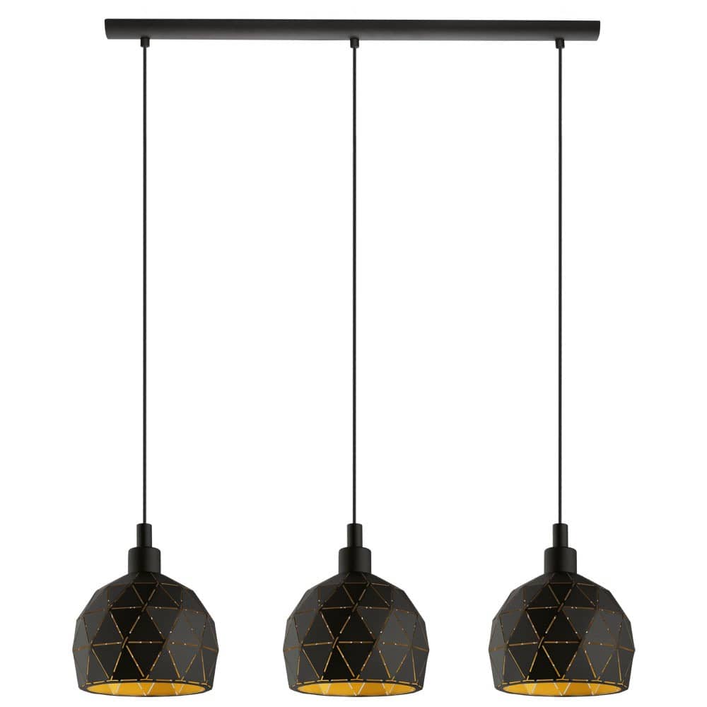 Suspension Roccaforte 3 lumières noire et dorée