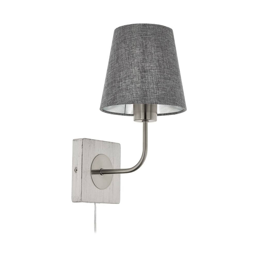 Applique murale de face, abat-jour conique en tissu gris et support en bois clair