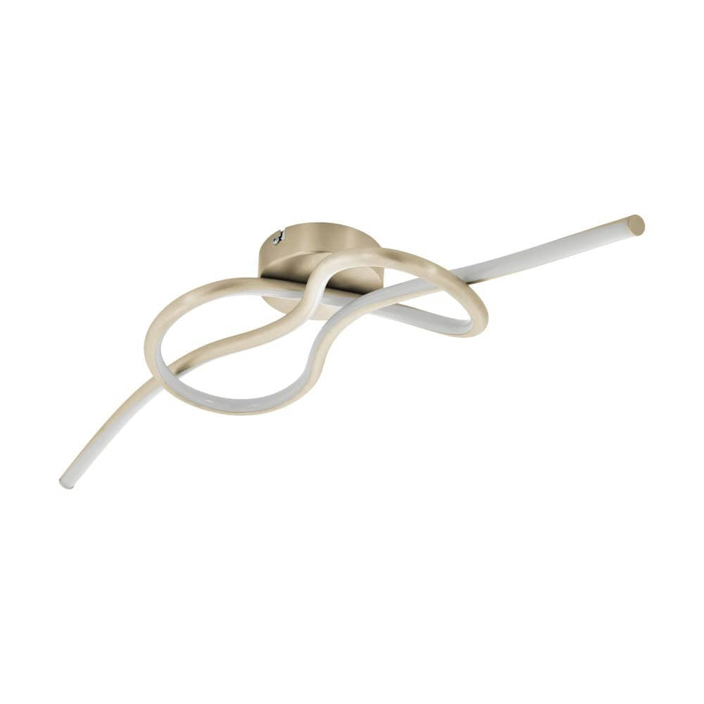 Plafonnier au ruban lumineux torsadé, finition satinée, vu de trois quarts sur fond blanc