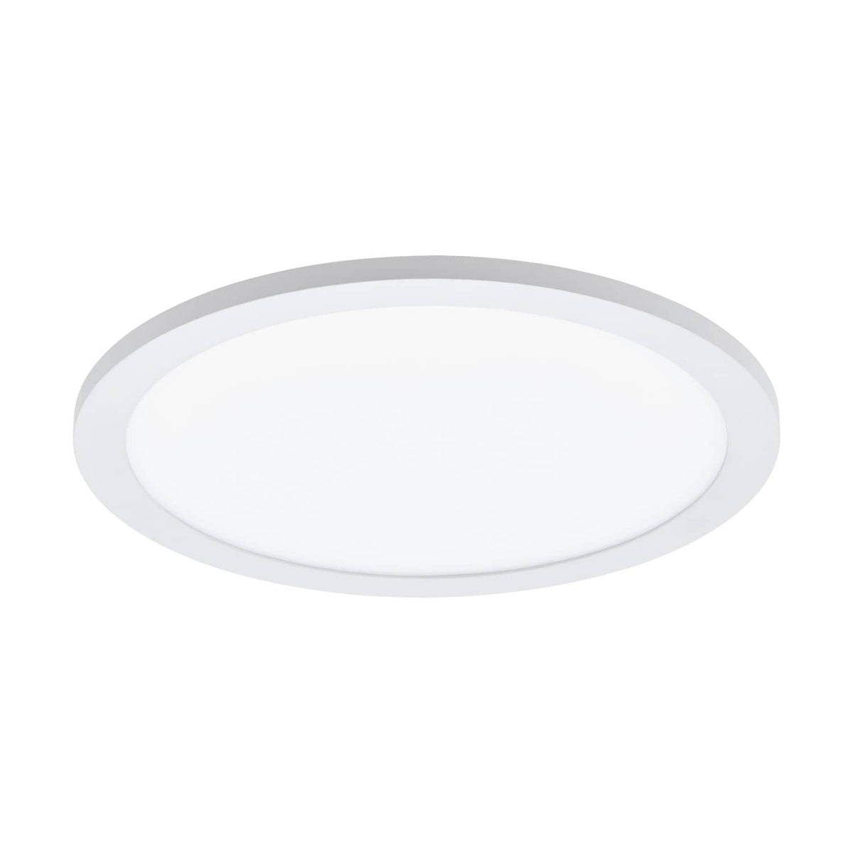 Plafonnier rond blanc vu de face, fin cerclage gris clair, fond neutre