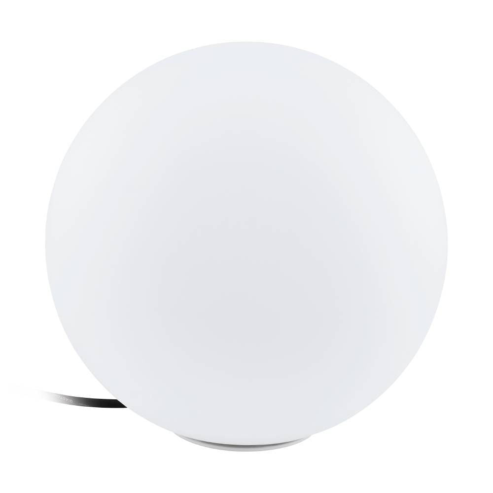 Lampadaire extérieur blanc sphérique avec câble, vue produit sur fond blanc.