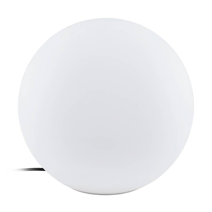 Sphère lumineuse blanche de face sur fond blanc, câble d'alimentation visible