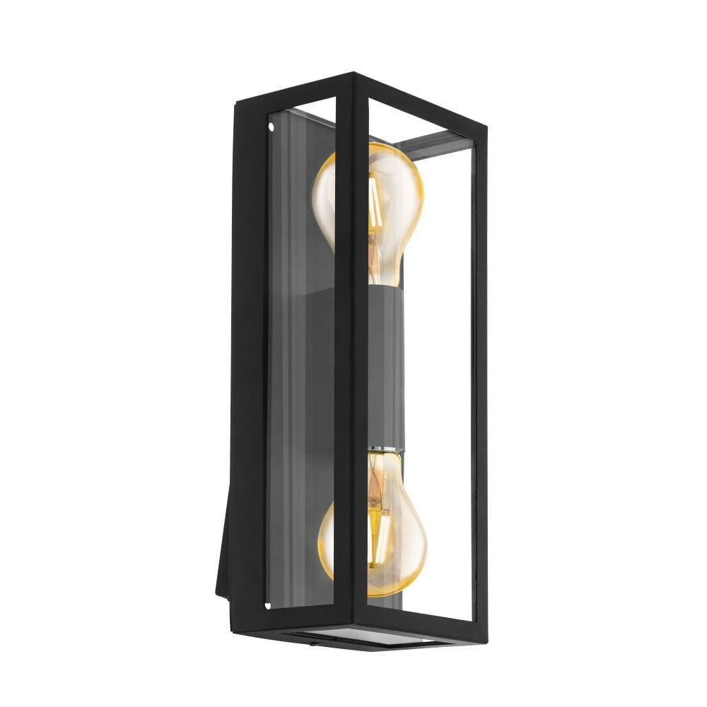 Luminaire mural noir rectangulaire avec verre transparent et deux ampoules visibles sur fond blanc.
