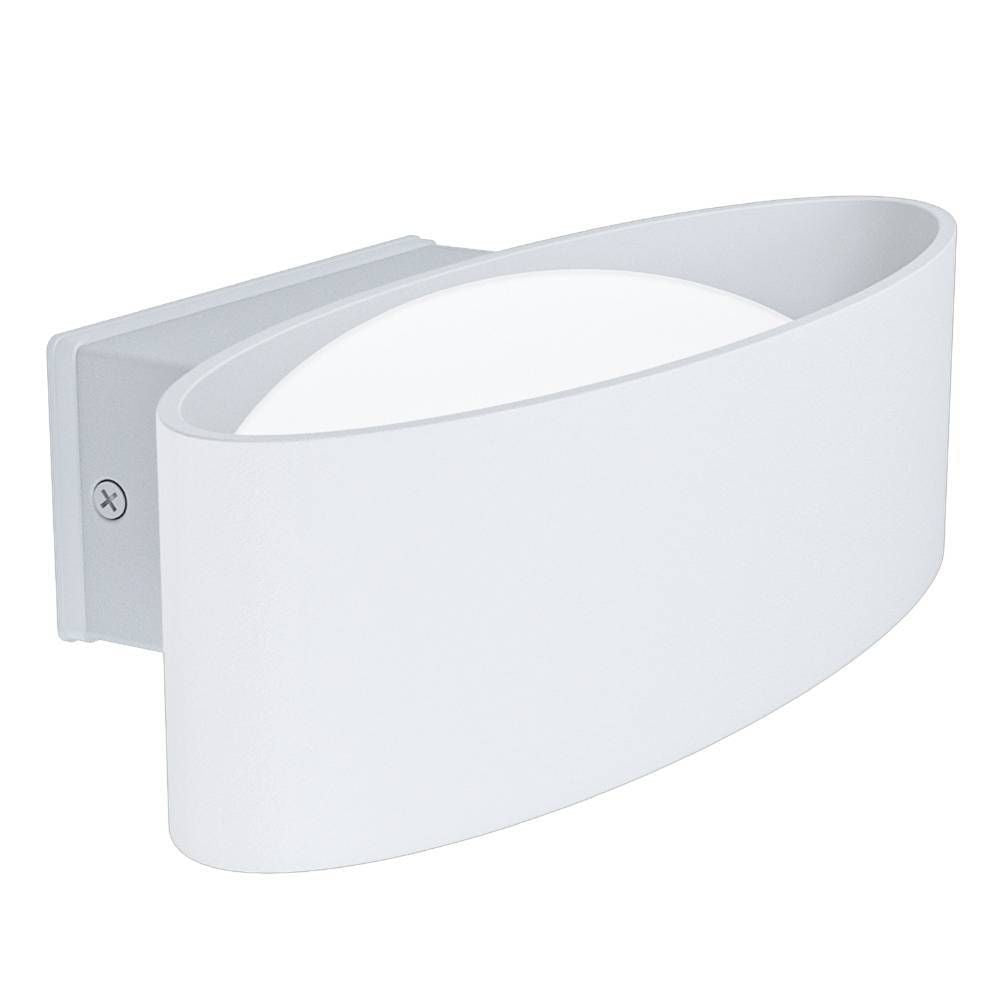 Vue de trois quarts du luminaire mural blanc, support et vis apparents sur fond blanc