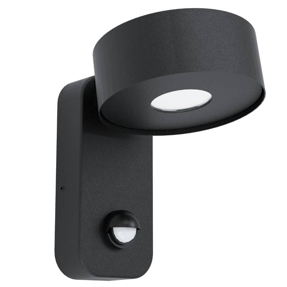 Applique extérieure noire vue de trois quarts, tête cylindrique et détecteur de mouvement
