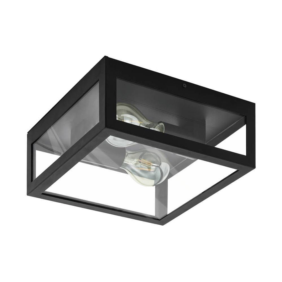 Plafonnier carré noir à cadre métallique et verre transparent, vue de trois quarts