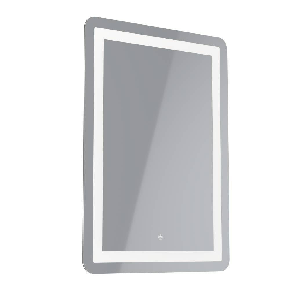 Miroir rectangulaire lumineux de face, cadre argenté avec bandeau LED et bouton tactile.