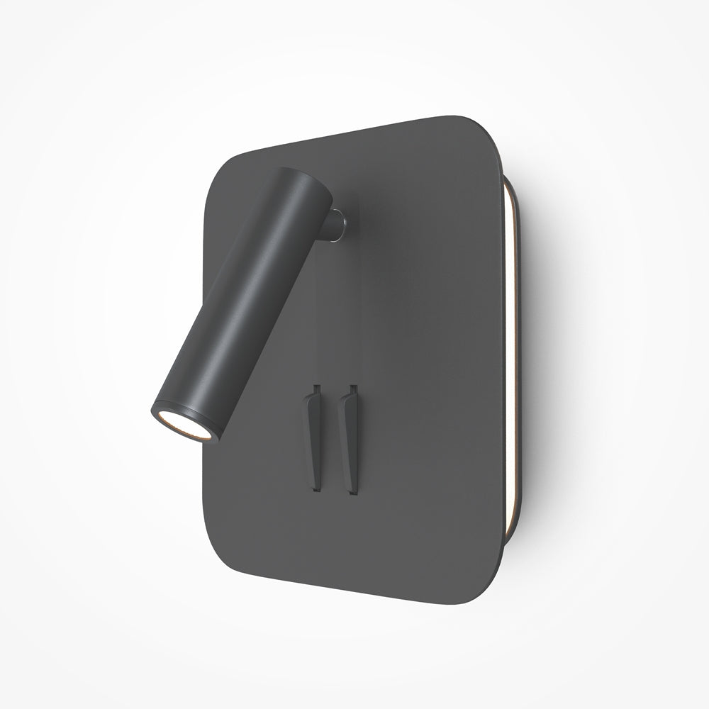 Applique murale noire de face avec spot cylindrique orientable et deux interrupteurs.