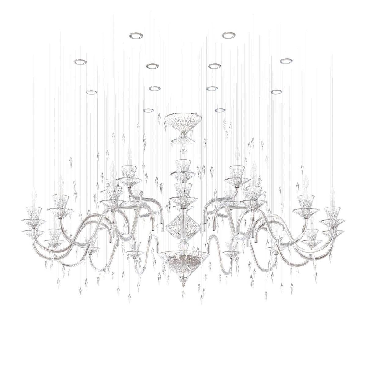 Vue de face du lustre suspension en cristal transparent avec ses douze bras lumineux