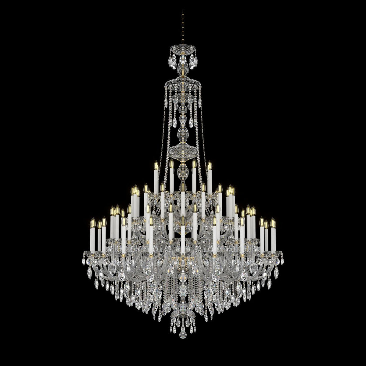 Lustre en cristal de face sur fond noir, nombreux bras et pampilles