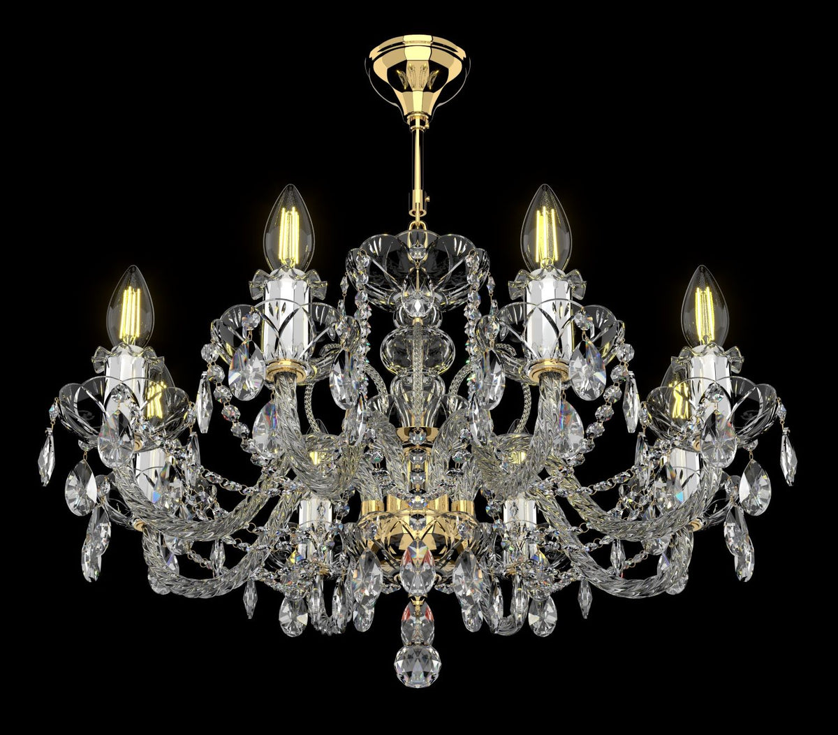 Lustre doré et cristal taillé vu de trois quarts, pampilles scintillantes