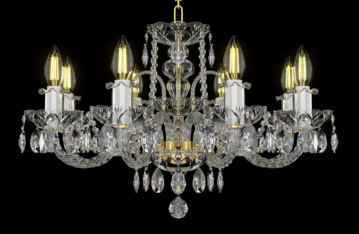 Lustre en cristal à huit bras, ampoules allumées, fond noir uni