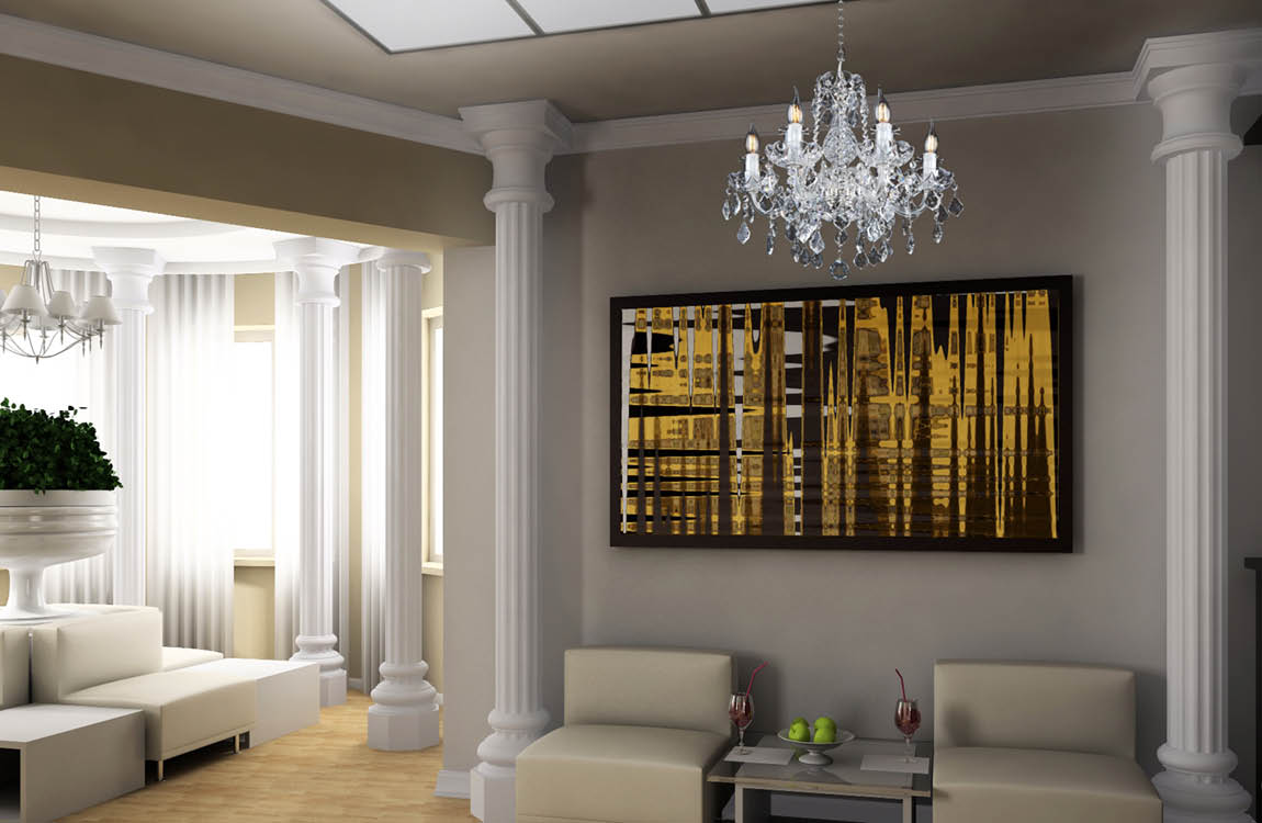Mise en ambiance du lustre suspendu dans un salon classique aux colonnes blanches et grand tableau doré
