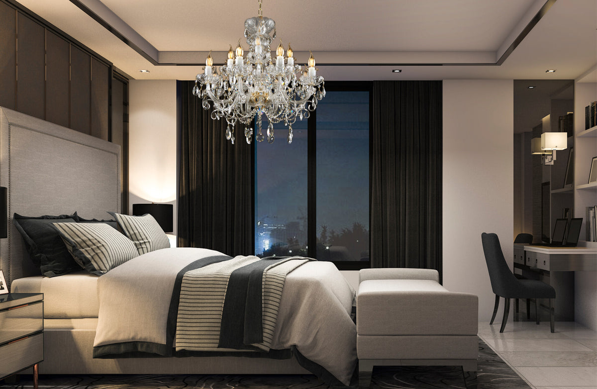 Mise en ambiance du lustre suspendu au-dessus d'une chambre moderne en soirée