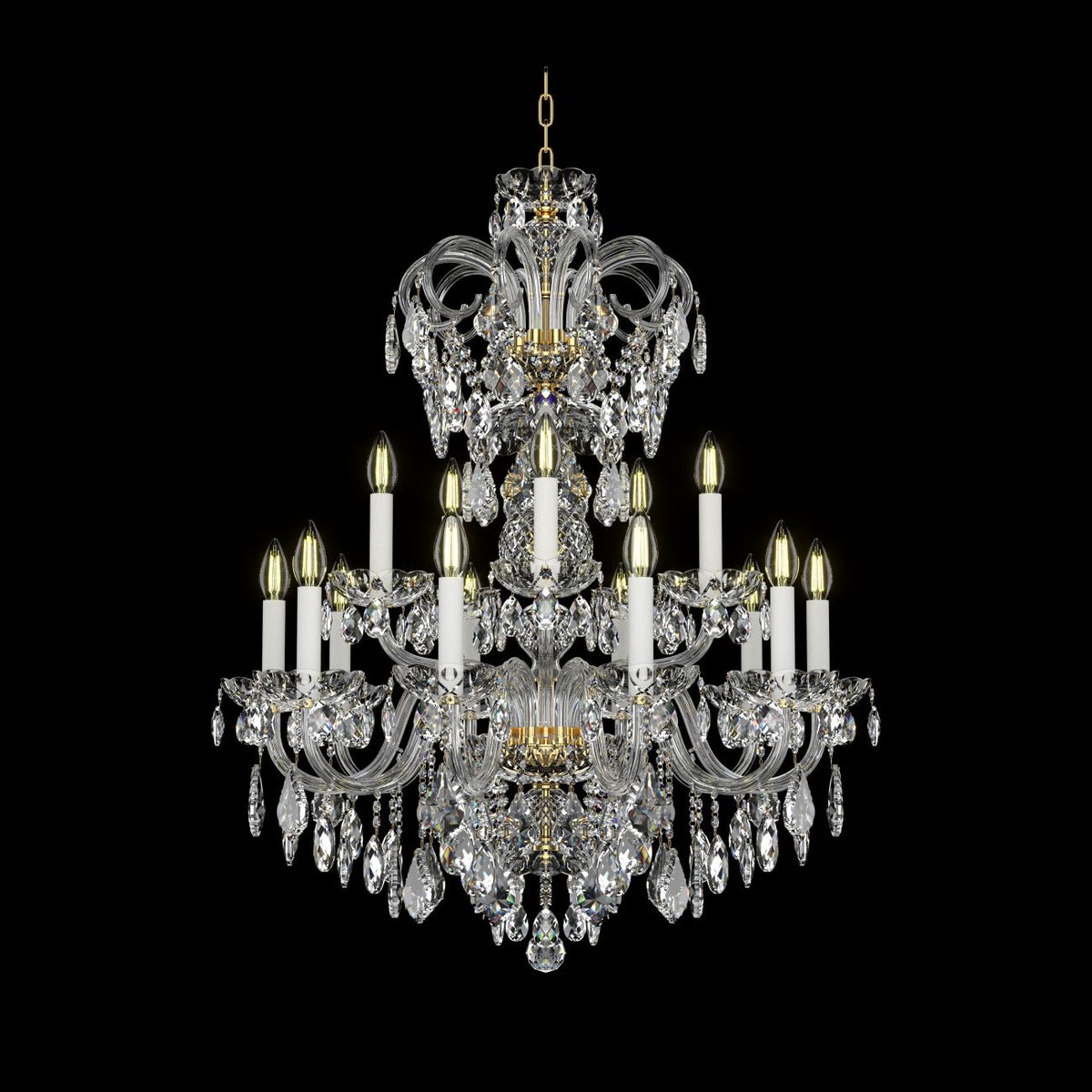 Lustre cristal allumé, vue de face sur fond noir, douze feux et pampilles