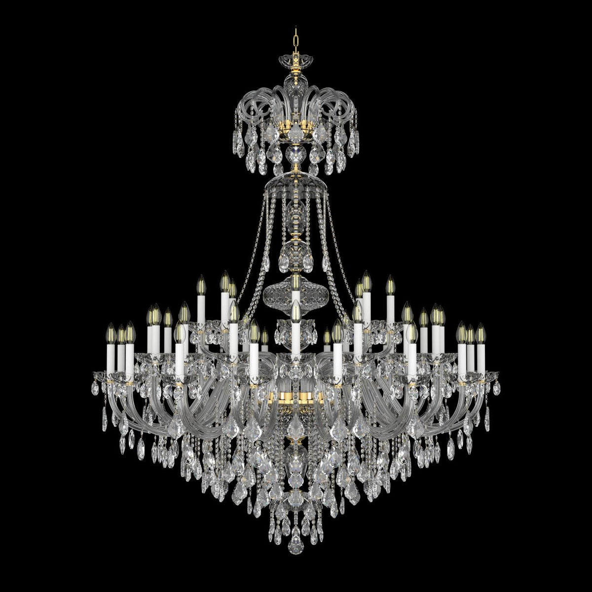 Lustre de face sur fond noir, nombreux bras lumineux et pendeloques de cristal