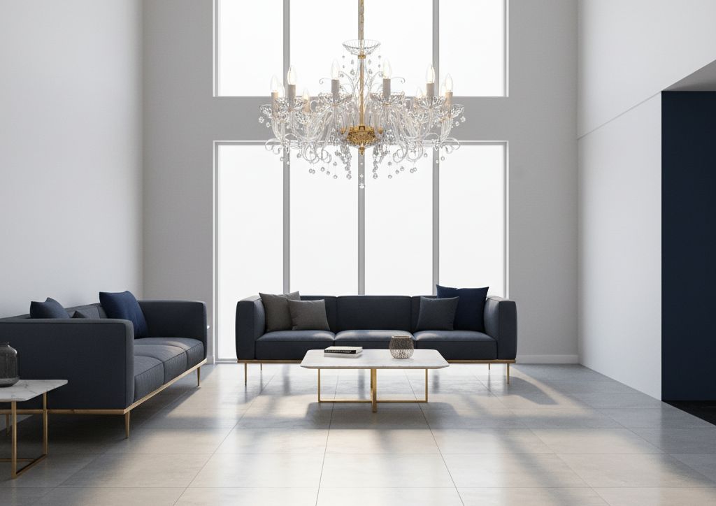 Lustre doré allumé dans un séjour aux canapés bleu nuit et sol carrelé clair