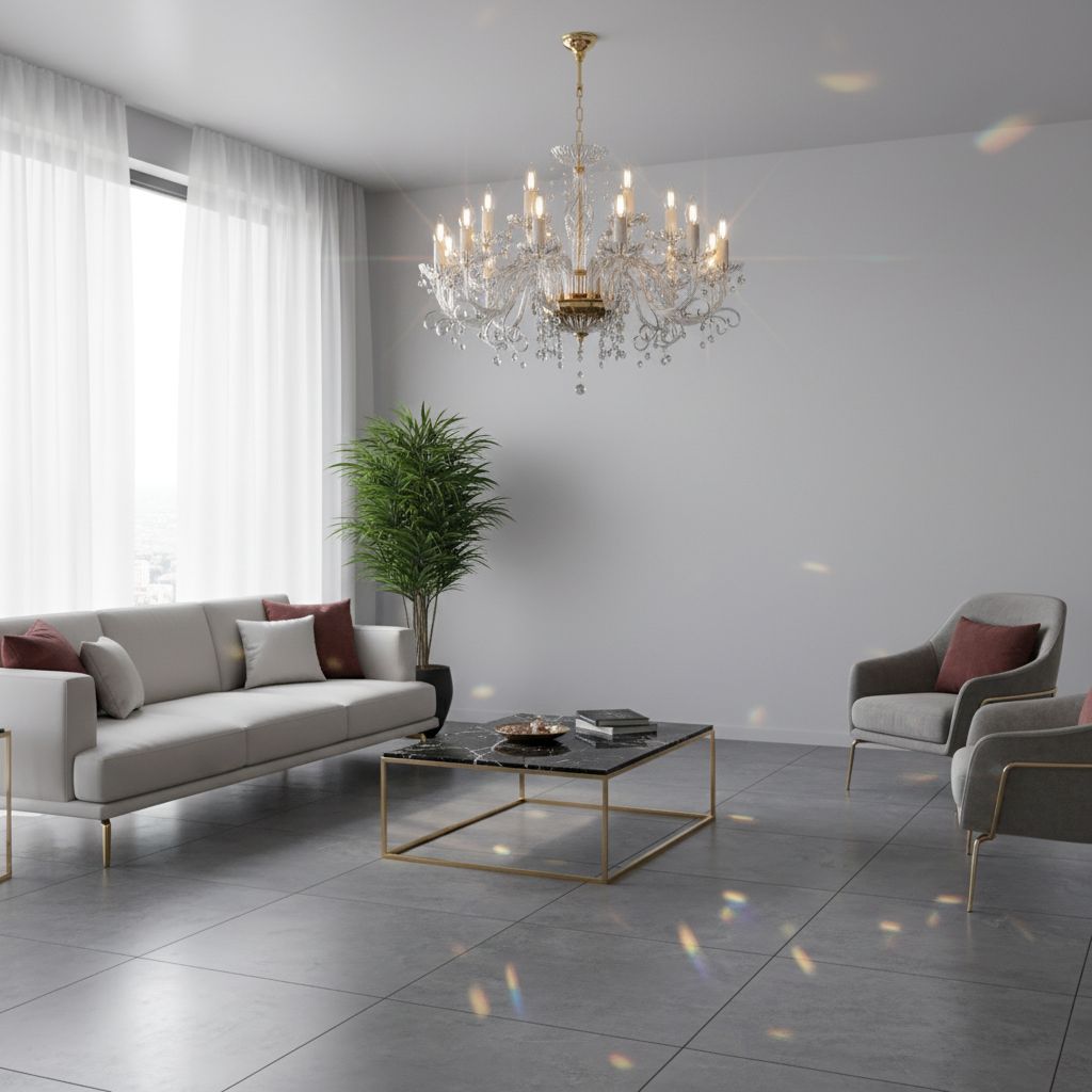 Mise en ambiance dans un salon moderne clair, lustre allumé au plafond