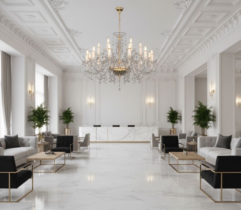 Vue d'ensemble dans un hall d'accueil blanc au plafond mouluré