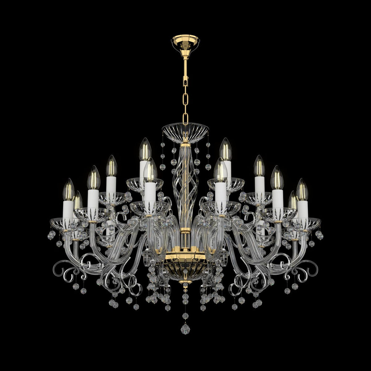 Lustre de face sur fond noir, bras de cristal et monture dorée apparente