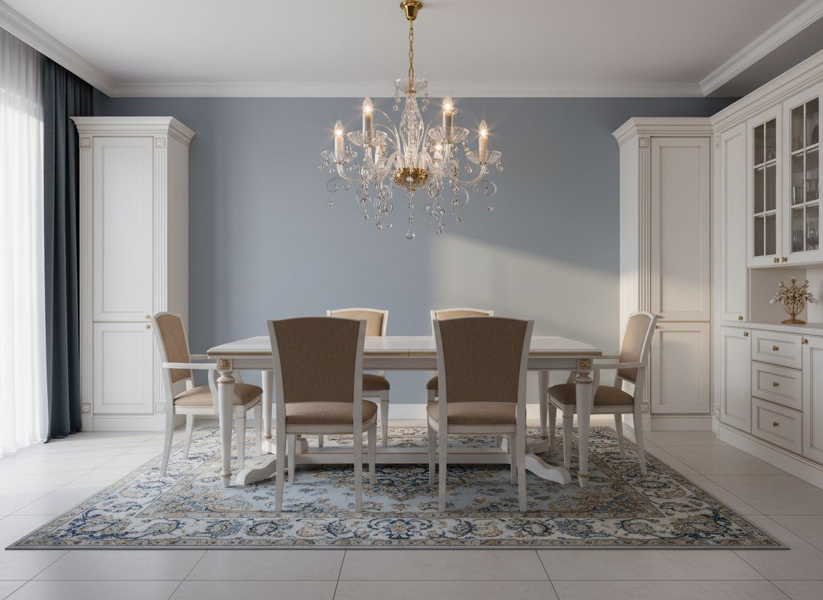 Lustre doré suspendu au-dessus d'une table de salle à manger blanche et bleue