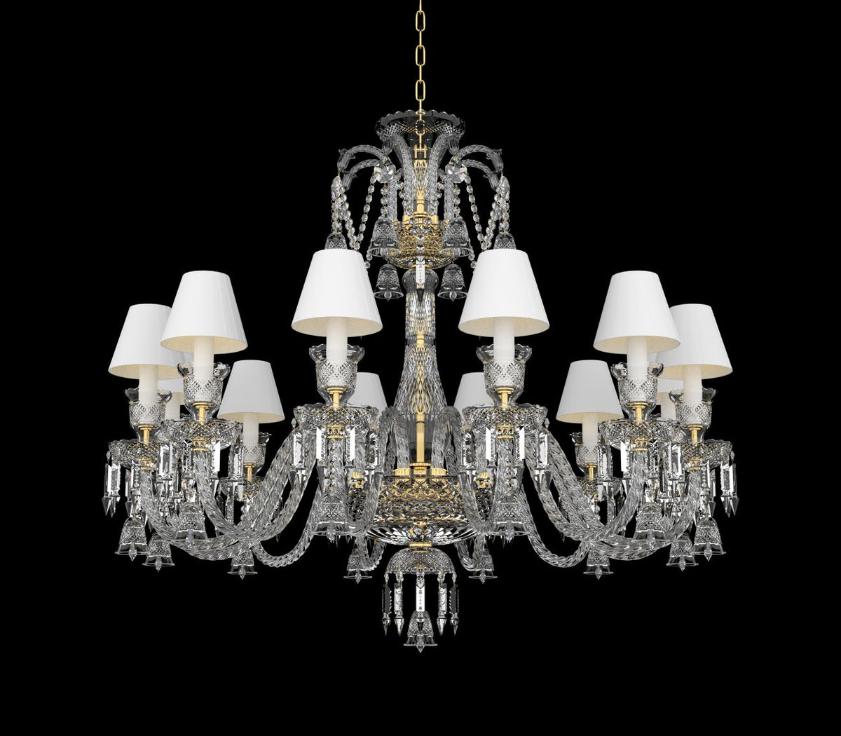 Lustre en cristal avec abat-jours blancs et finitions dorées sur fond noir.