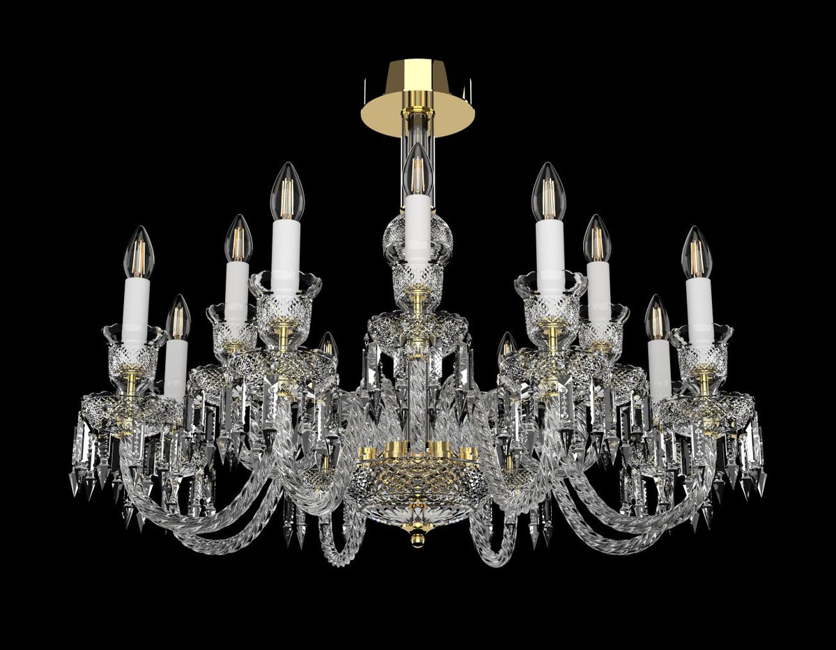 Lustre en cristal taillé à douze bras, fond noir, finitions dorées visibles