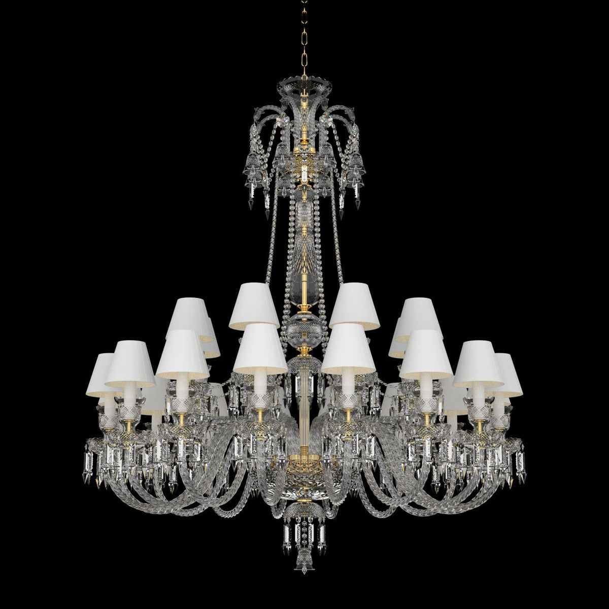 Lustre en cristal avec abat-jours blancs et finitions dorées, présenté sur fond noir.