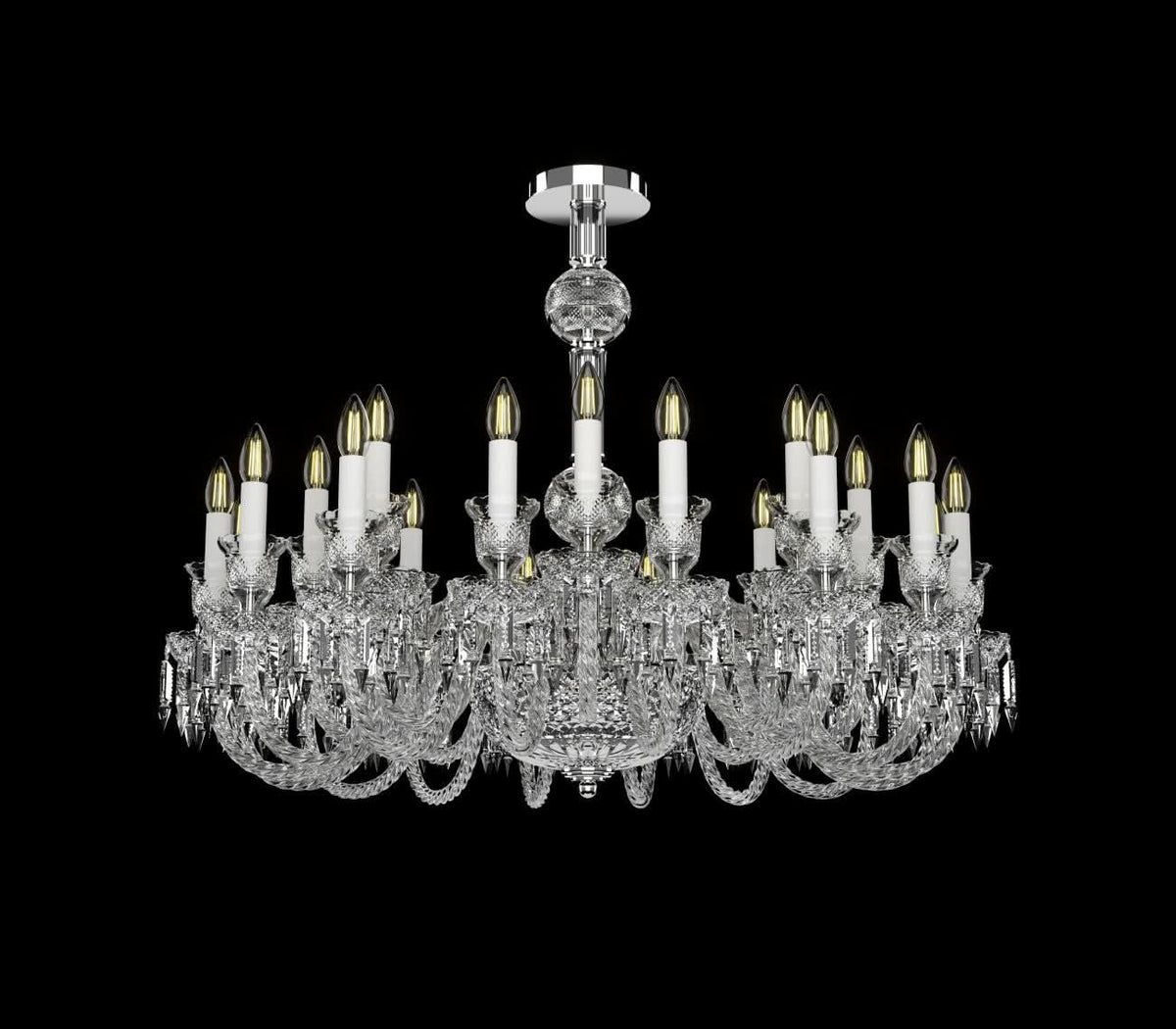 Lustre en cristal de face sur fond noir, douze bras lumineux visibles