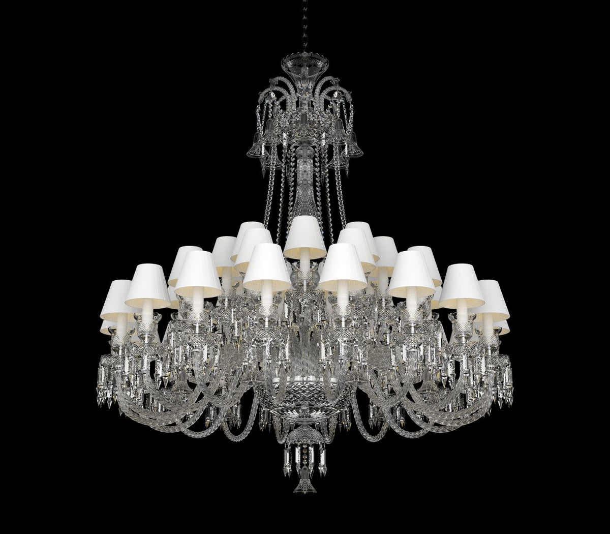 Lustre en cristal de face sur fond noir, nombreux bras et abat-jours blancs