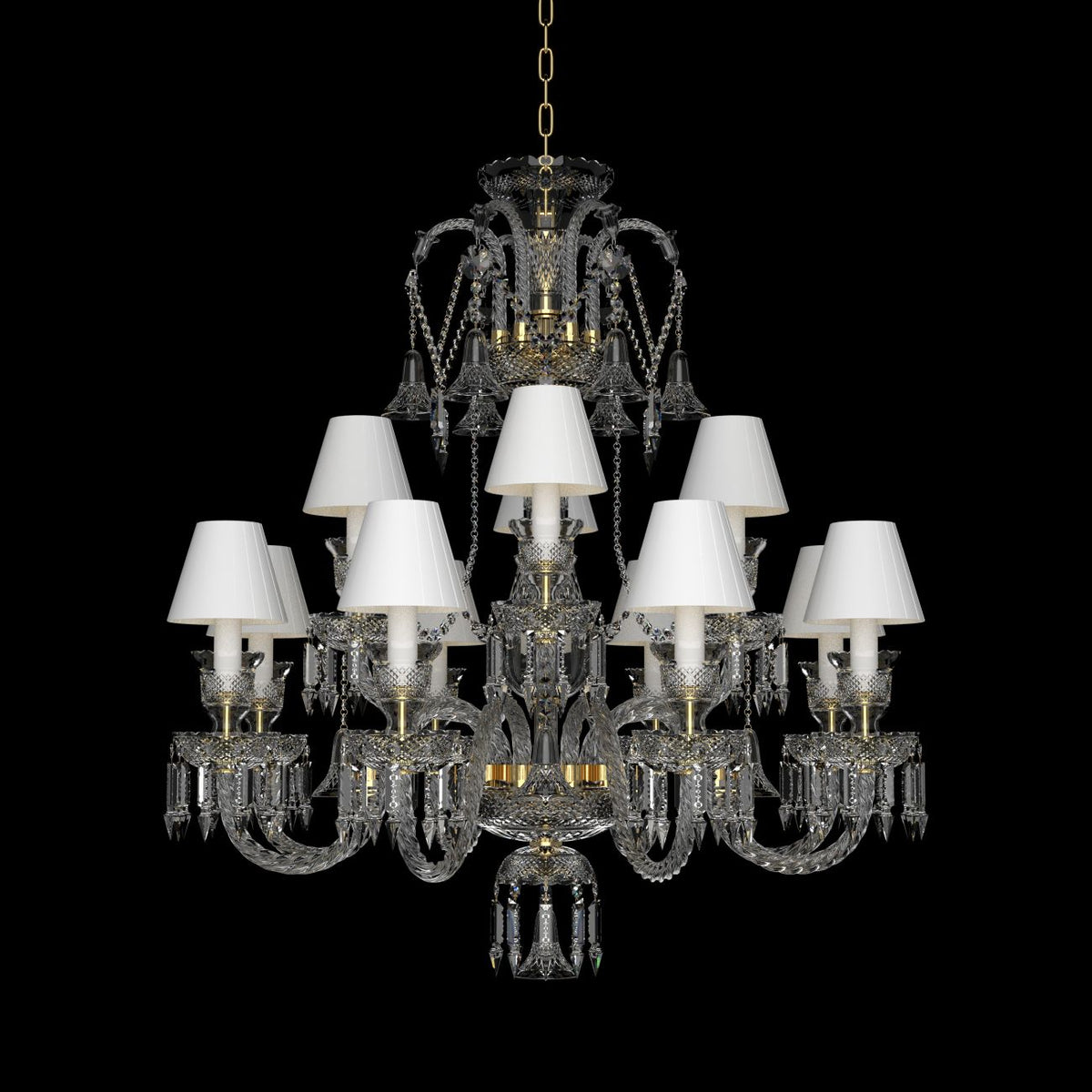Lustre en cristal à dix-huit bras lumineux, abat-jours blancs, fond noir