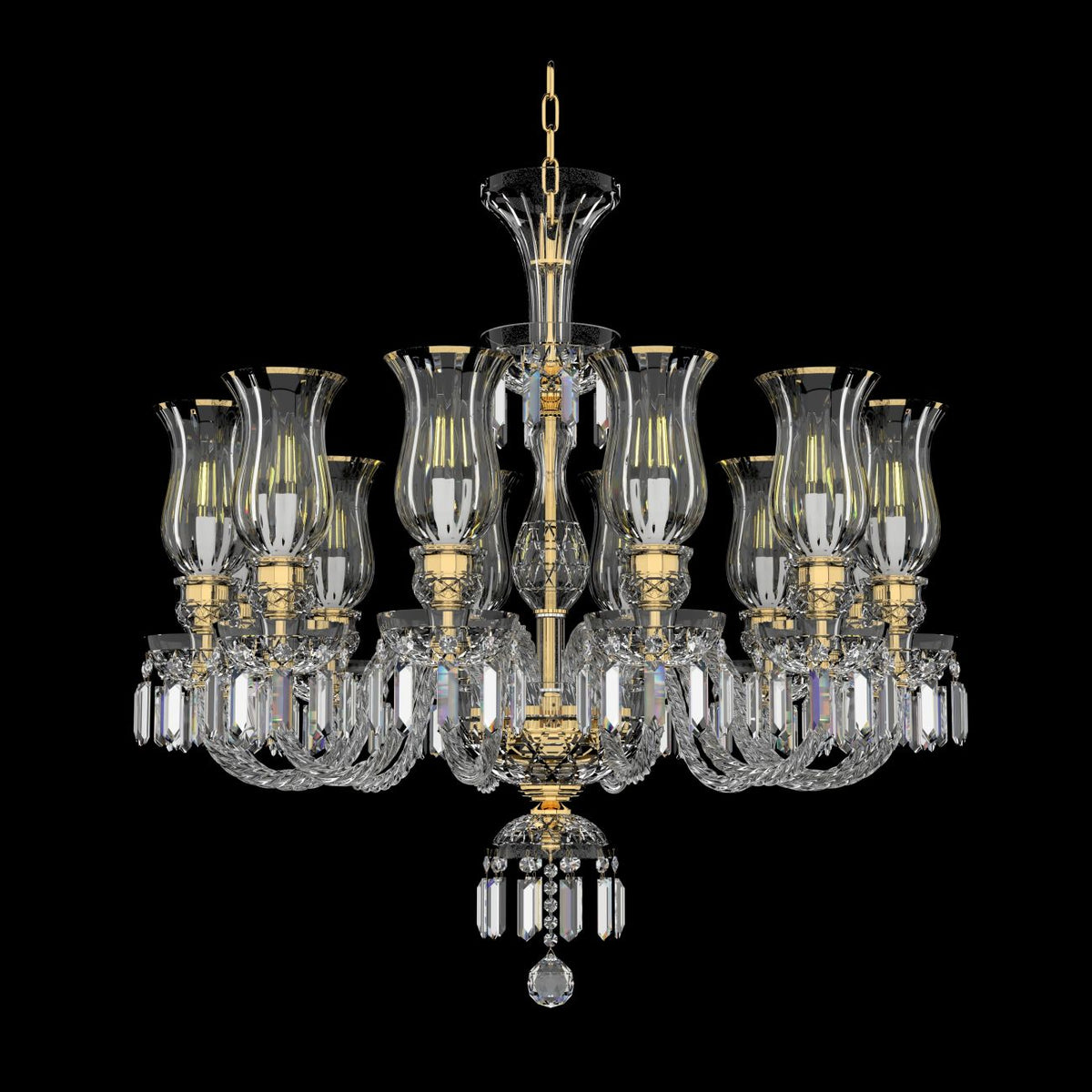 Lustre en cristal doré de face sur fond noir, présentant ses bras et suspensions.