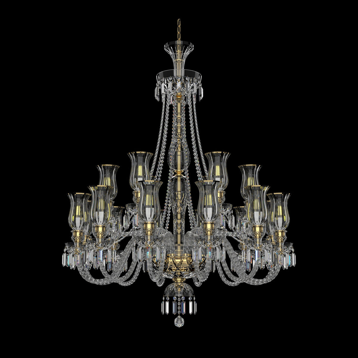 Lustre en cristal à dix-huit bras, vue de face sur fond noir