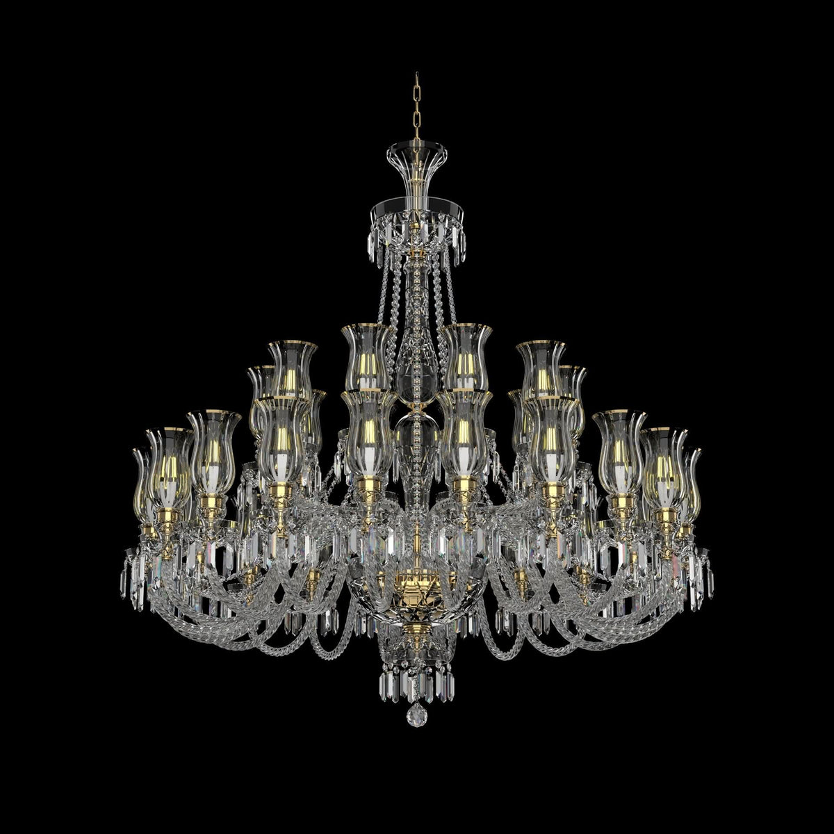 Lustre en cristal de face sur fond noir, montrant ses bras et coupelles.