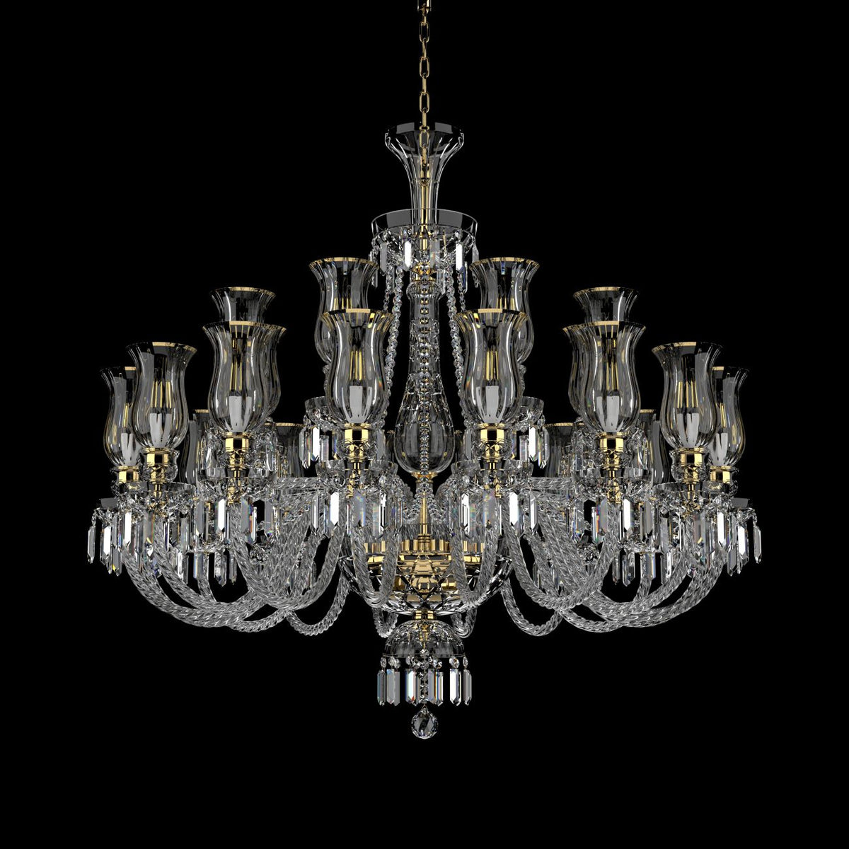 Lustre en cristal suspendu, vue de face sur fond noir, avec bras lumineux.