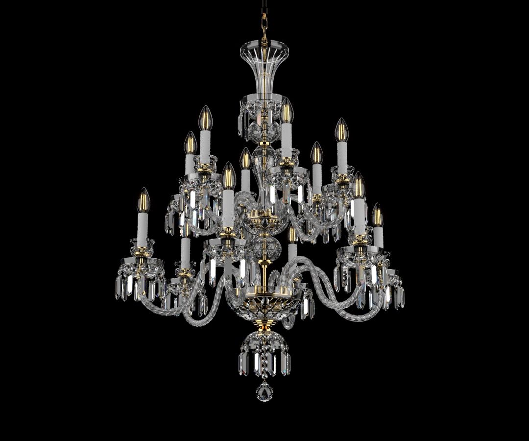 Lustre de face sur fond noir, bras courbes en cristal et bougies allumées