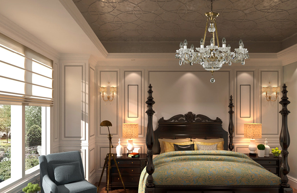 Lustre suspendu au plafond d'une chambre, mise en ambiance raffinée