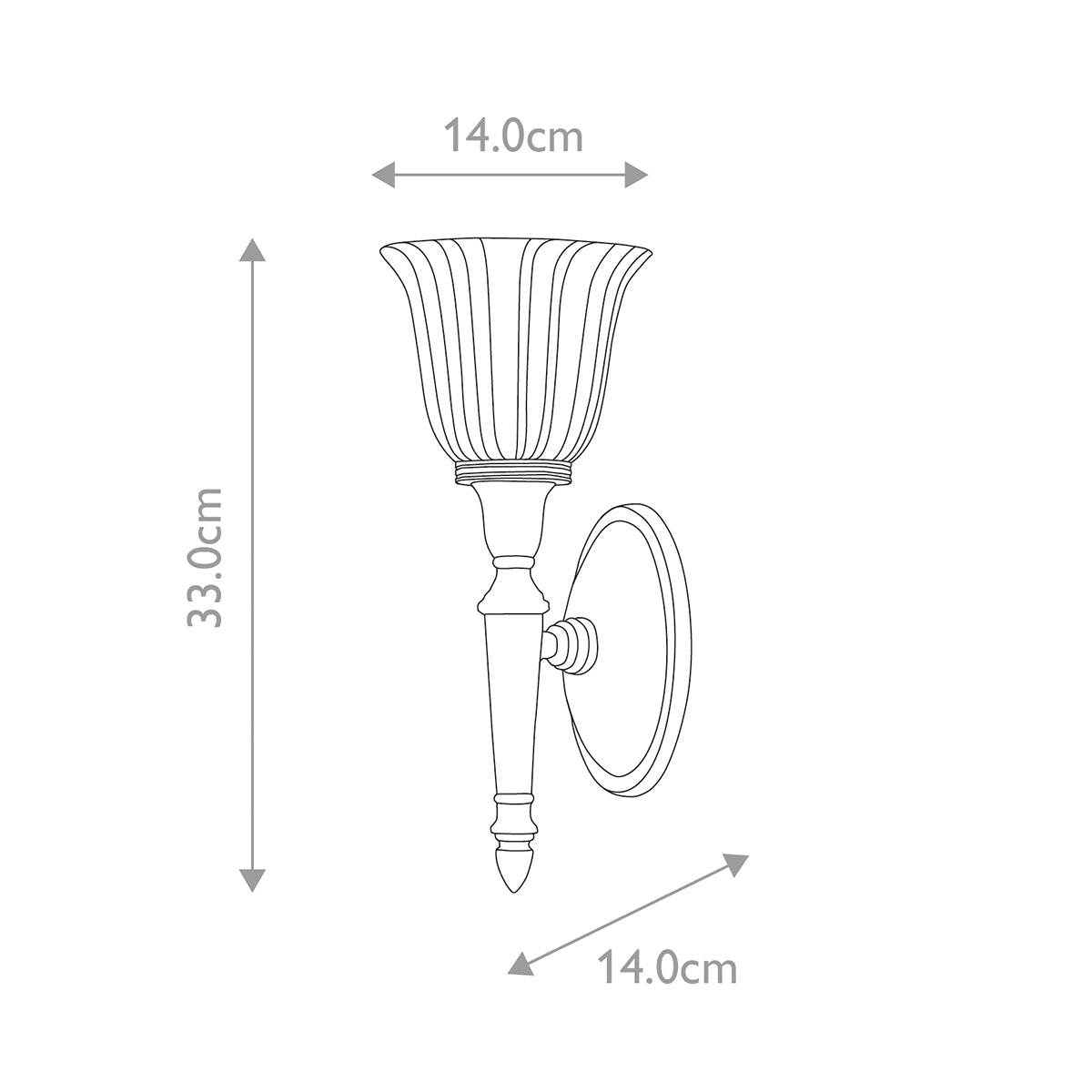 Schéma coté de l'applique murale : hauteur 33 cm, largeur 14 cm