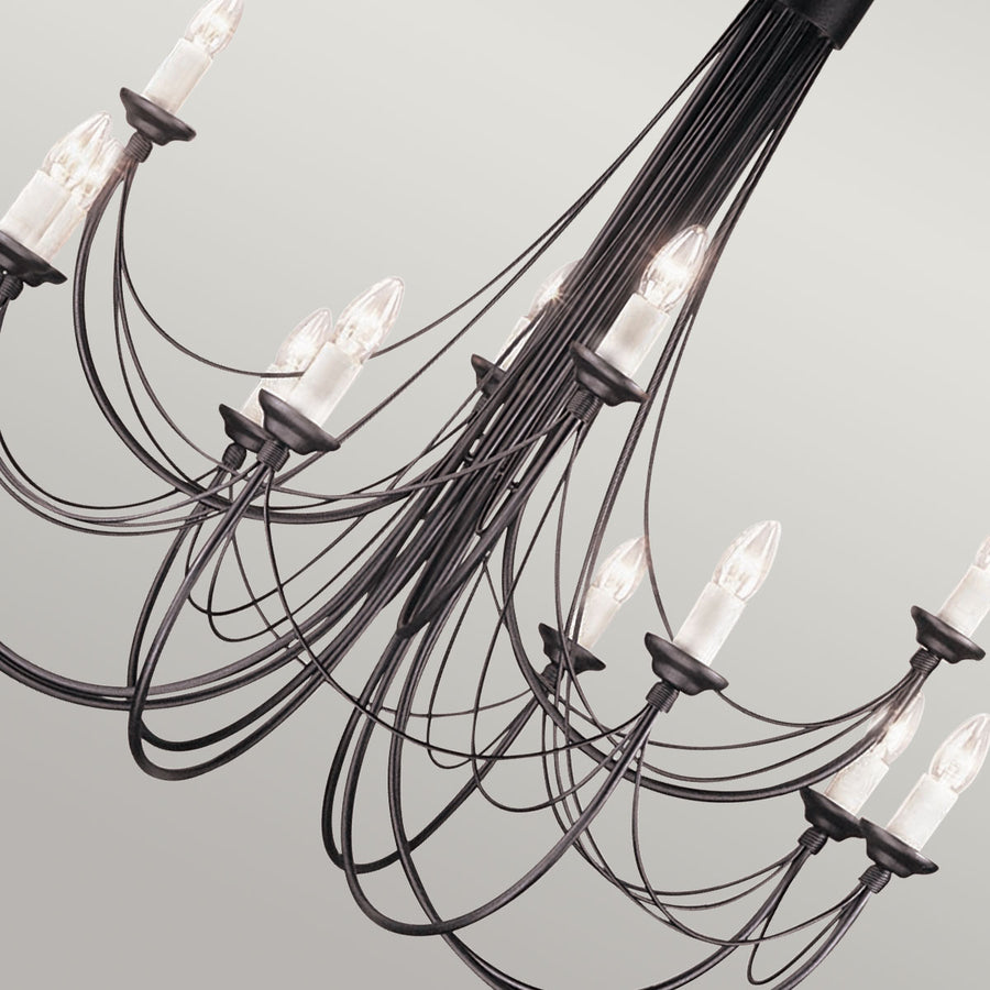 Vue plongeante des bras entrelacés et des ampoules, soulignant le design aérien du luminaire.