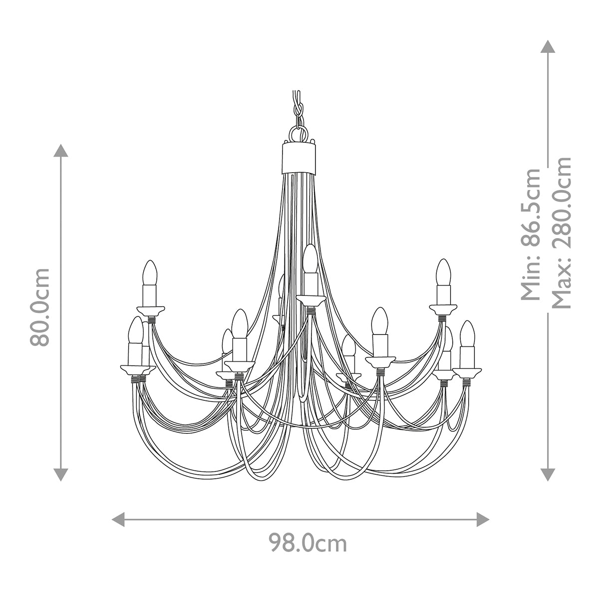 Schéma coté : largeur 98 cm, hauteur 80 cm, suspension réglable jusqu'à 280 cm.