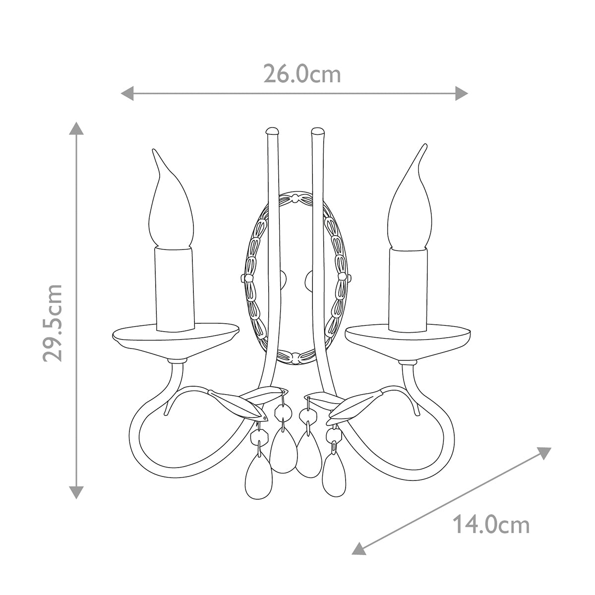 Schéma coté : largeur 26 cm, hauteur 29,5 cm et profondeur 14 cm