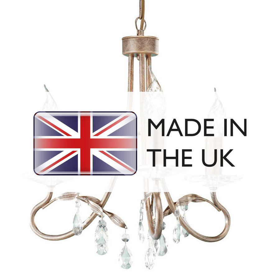 Même lustre avec drapeau du Royaume-Uni et texte Made in the UK incrustés.