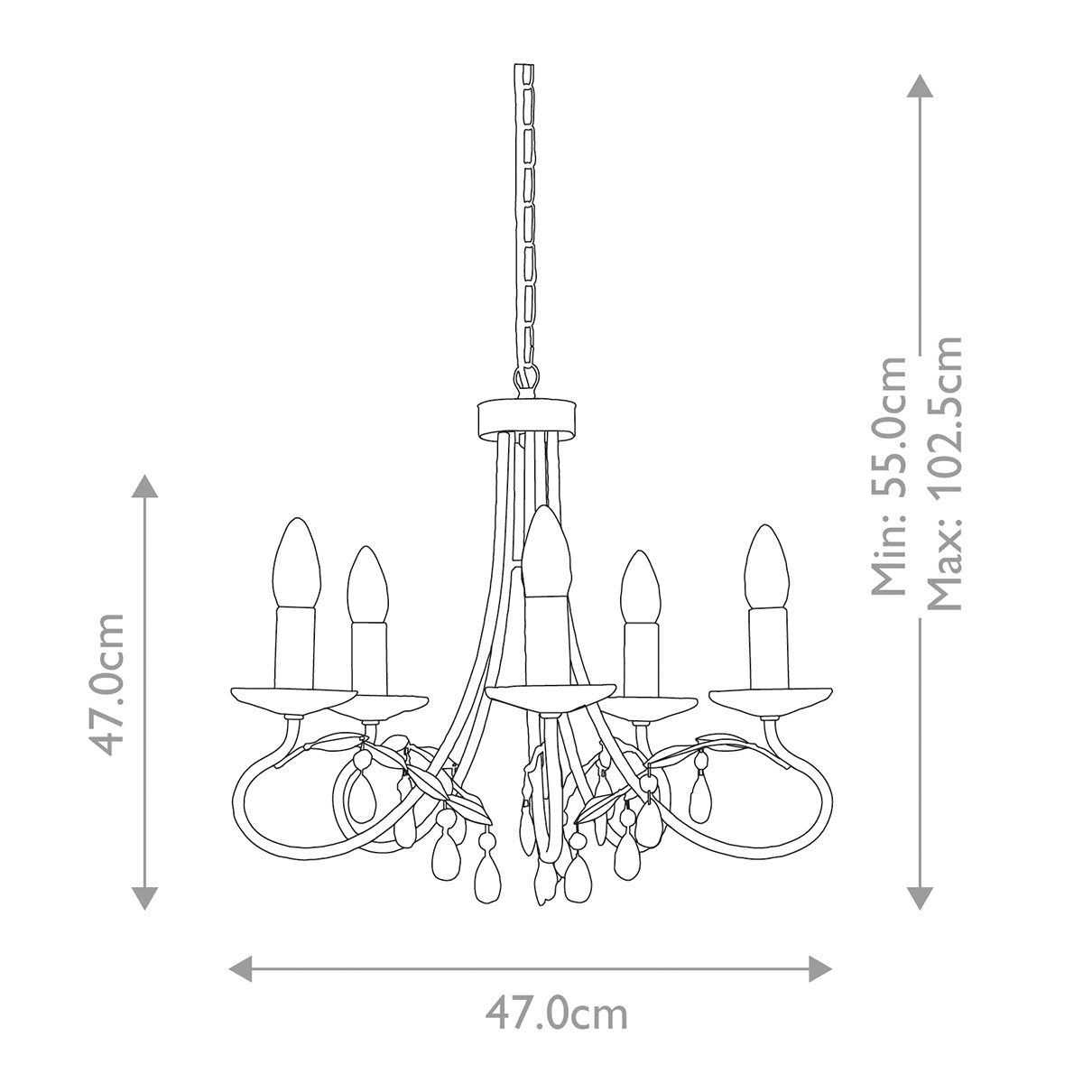 Schéma coté du luminaire avec hauteur minimale et maximale indiquées
